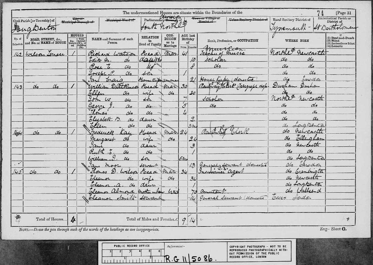 Extract from 1881 census records, Newcastle